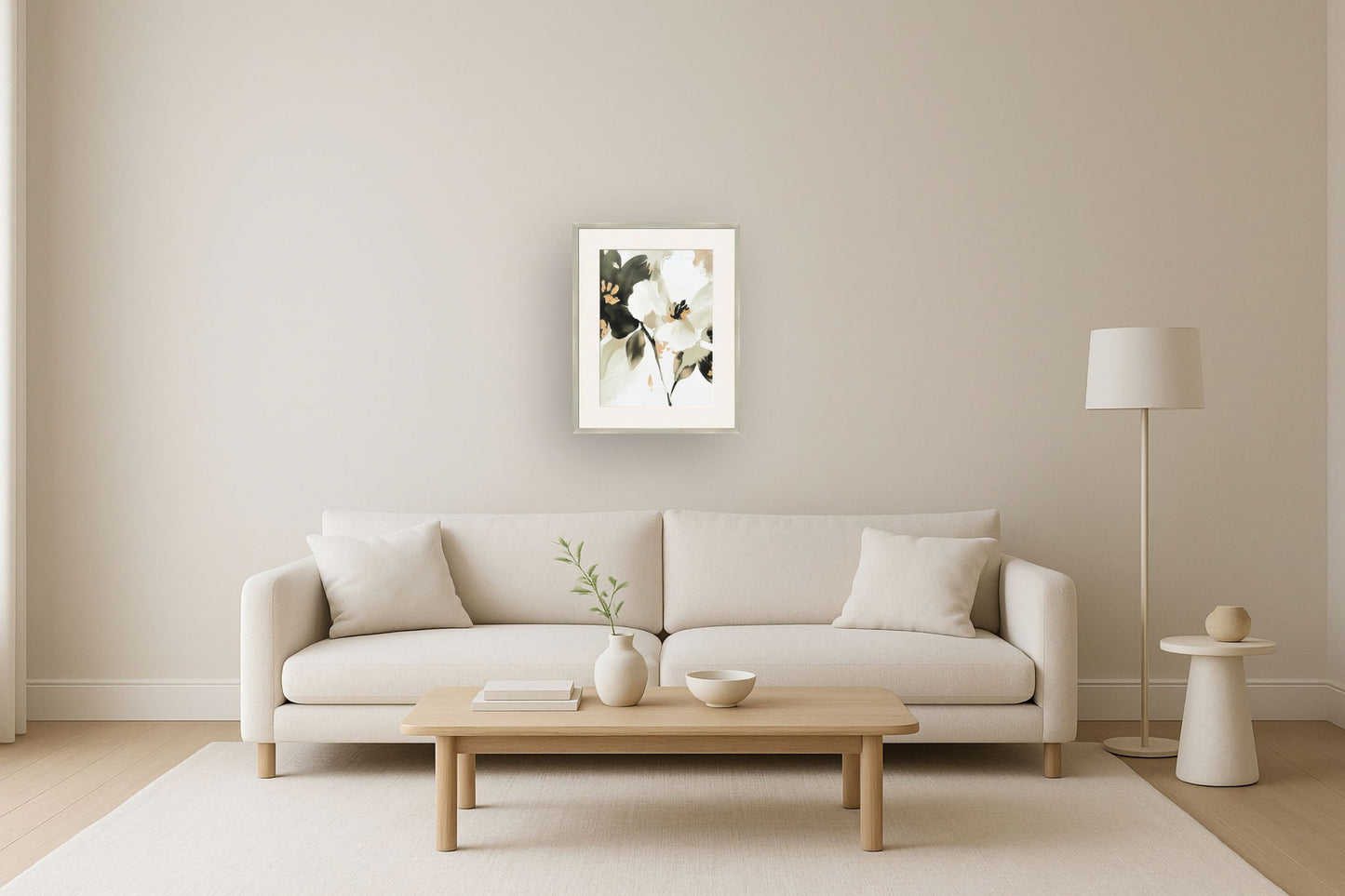 "Whispering Petals II" Framed Canvas Under Acrylic - Cream / Taupe