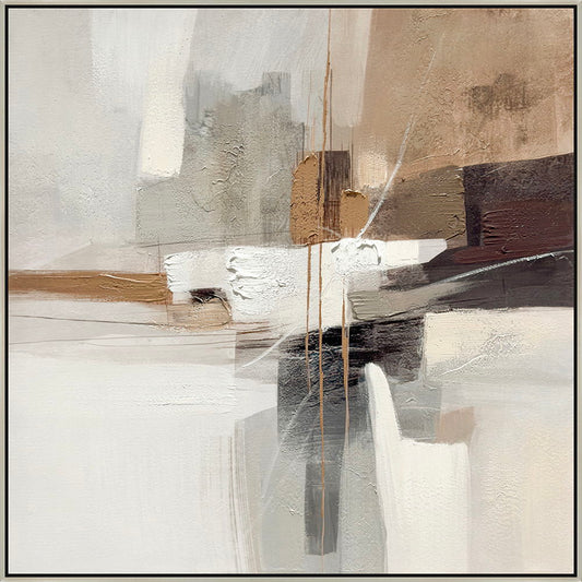 "Earthy Abstraction I" Hand-Embellished Canvas In Frame - Cream / Beige / Brown