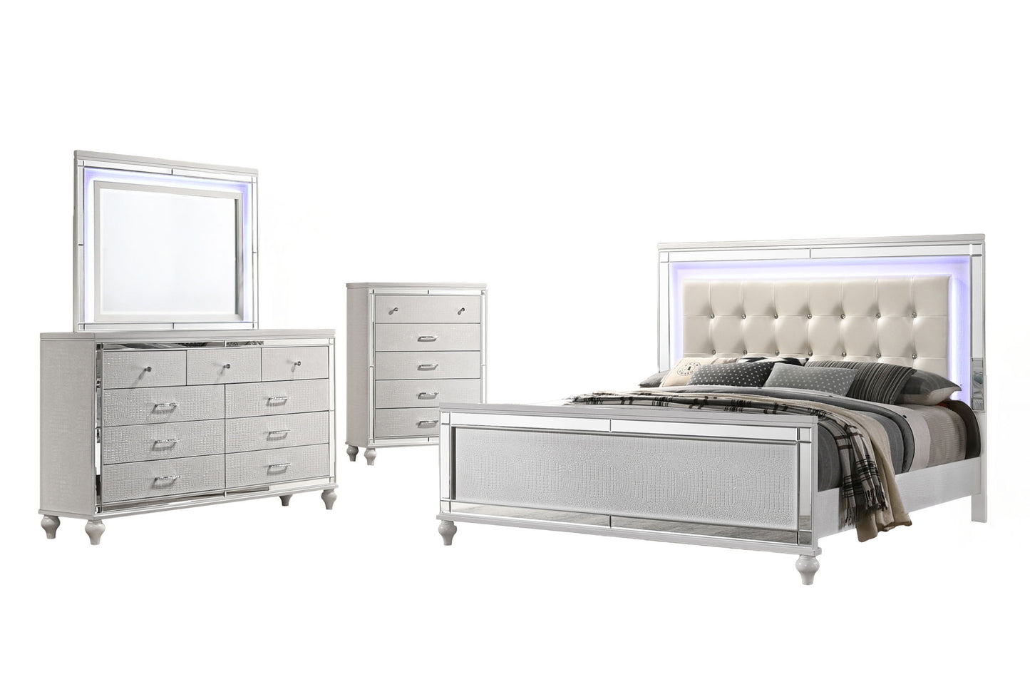 Valentino - Queen 5 Piece Bedroom Set(Bed, Dresser, Mirror, Chest) - White