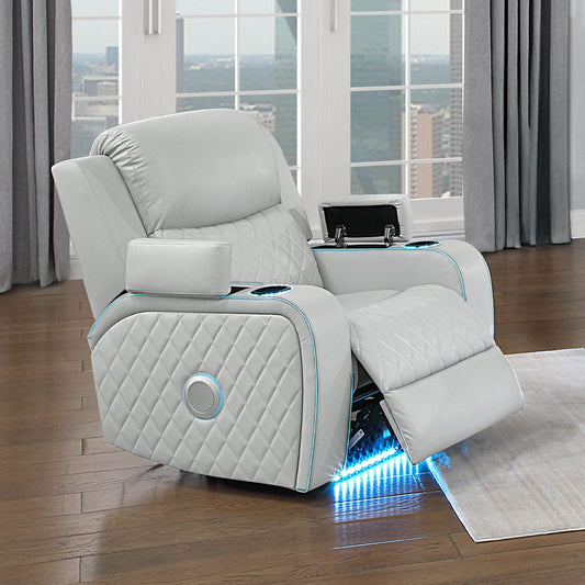 Elonzo - Power Motion Recliner With LED, Power Headrest & Speaker - Light Gray