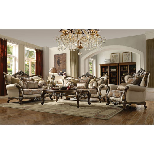 Latisha - Loveseat With 6 Pillows Same Lv01577) - Tan, Pattern Fabric & Antique Oak
