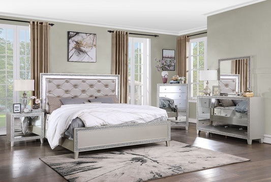 Sliverfluff - Eastern King Bed With LED - Synthetic Leather & Champagne