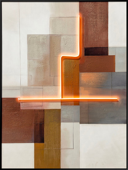 Luminous Grid III Hand-Embellished LED Canvas In Frame - Brown / Orange Glow