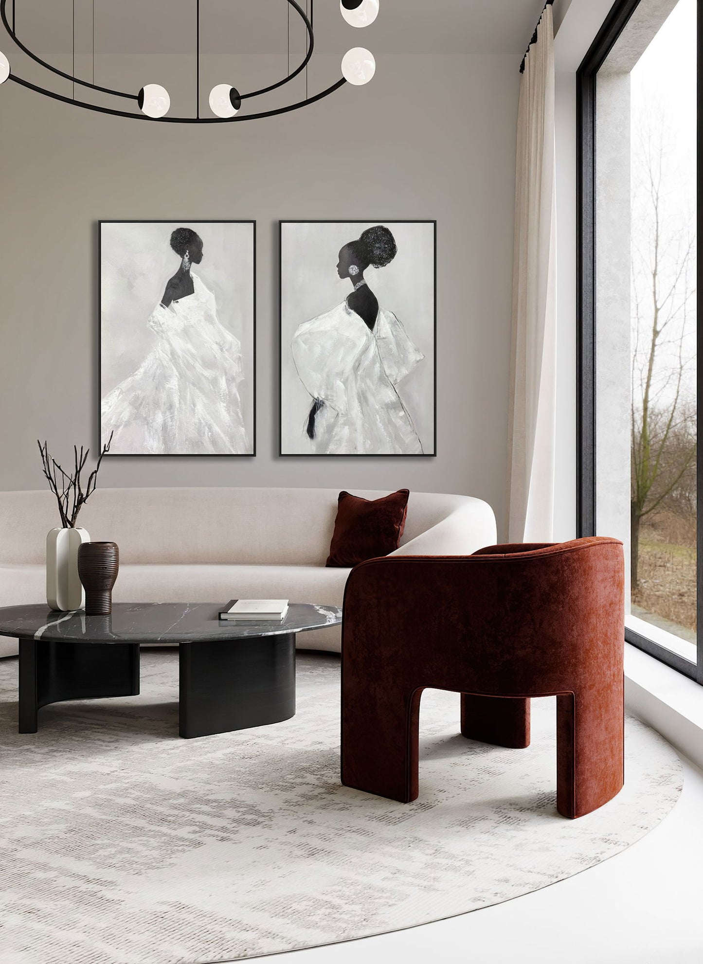 "Elegant Silhouette I" Hand-Painted With Rocks In Frame - Gray / Black / Rock