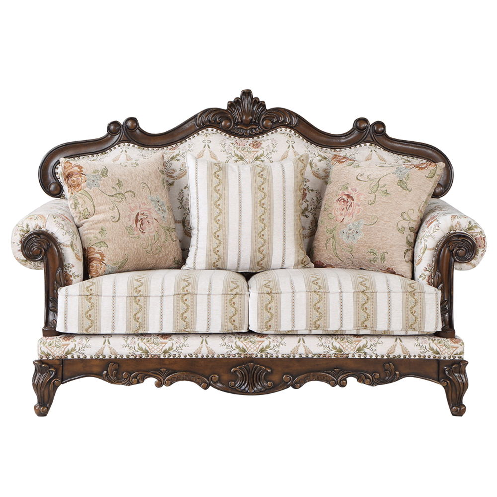 Nayla - Loveseat With 3 Pillows - Pattern Fabric & Cherry
