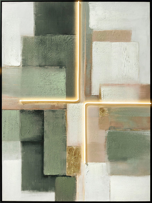 Luminous Grid II Hand-Embellished LED Canvas In Frame - Sage / Gold