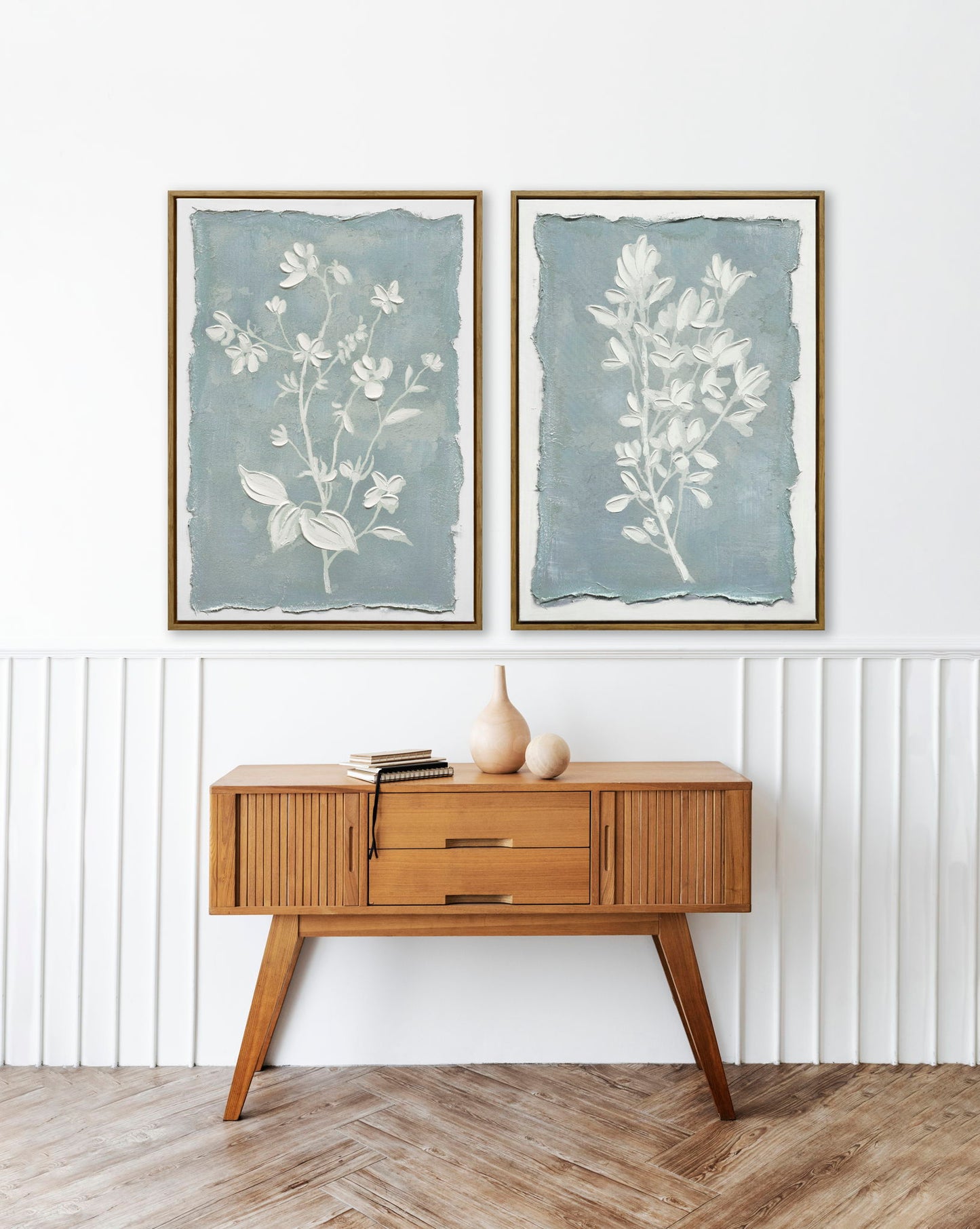 "Whispering Blooms II" Hand-Embellished Canvas In Frame - Blue / White / Wood
