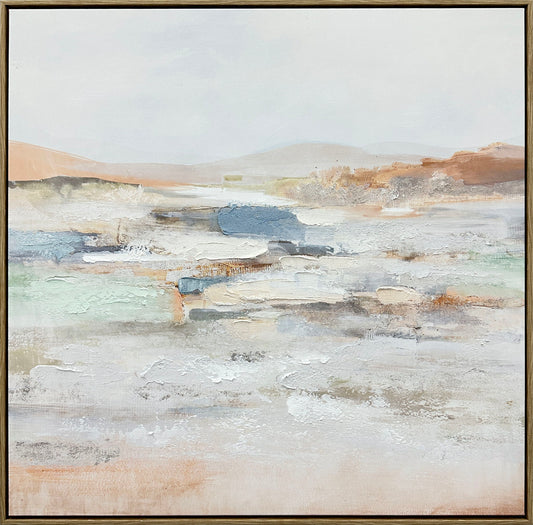 "Serene Horizons I" Hand-Embellished Canvas In Frame - White / Orange / Blue