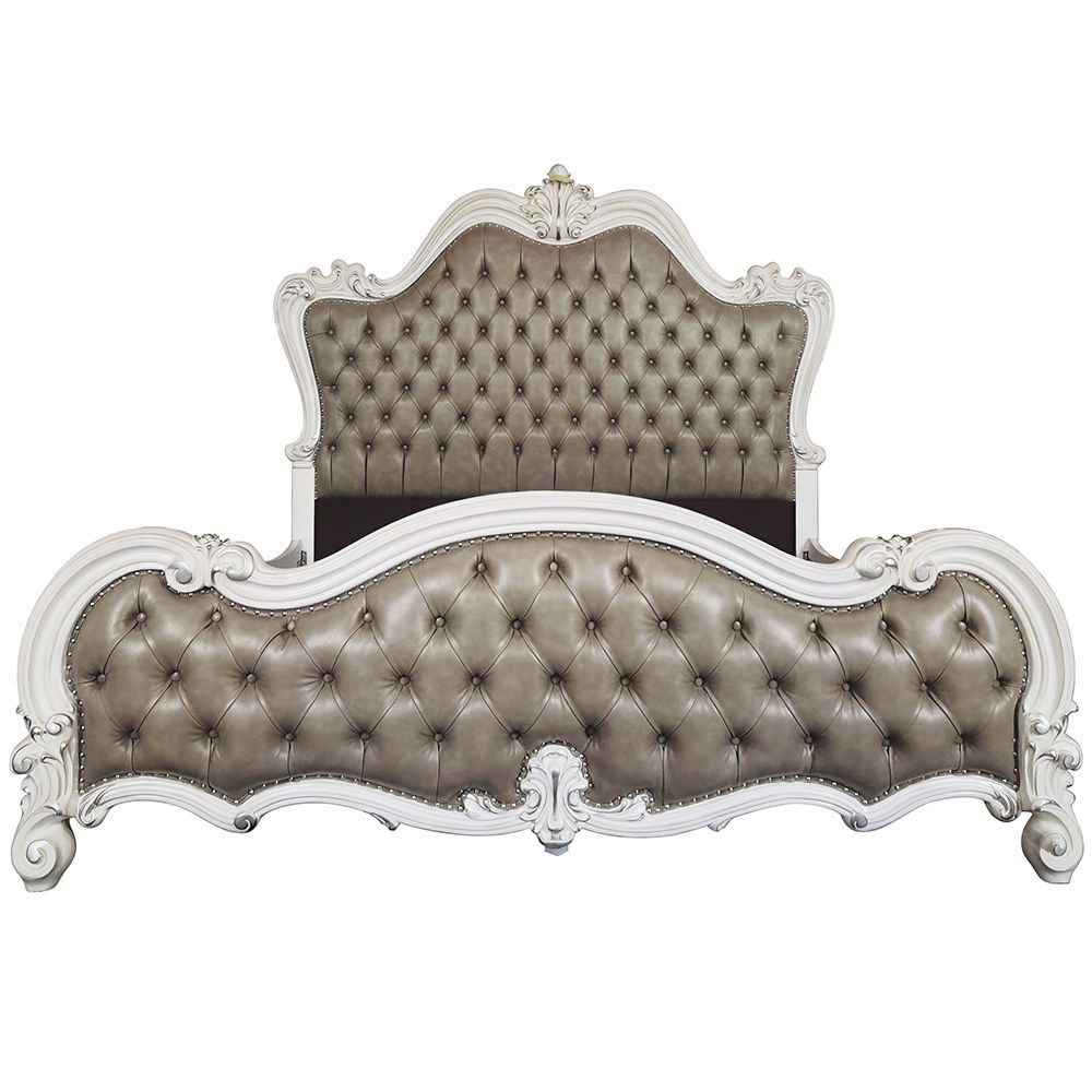Versailles II - Queen Bed - Vintage Gray Synthetic Leather & Bone White
