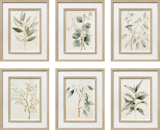 Quiet Botanical Print on Paper In Double Frame (Set of 6) - Beige / Green