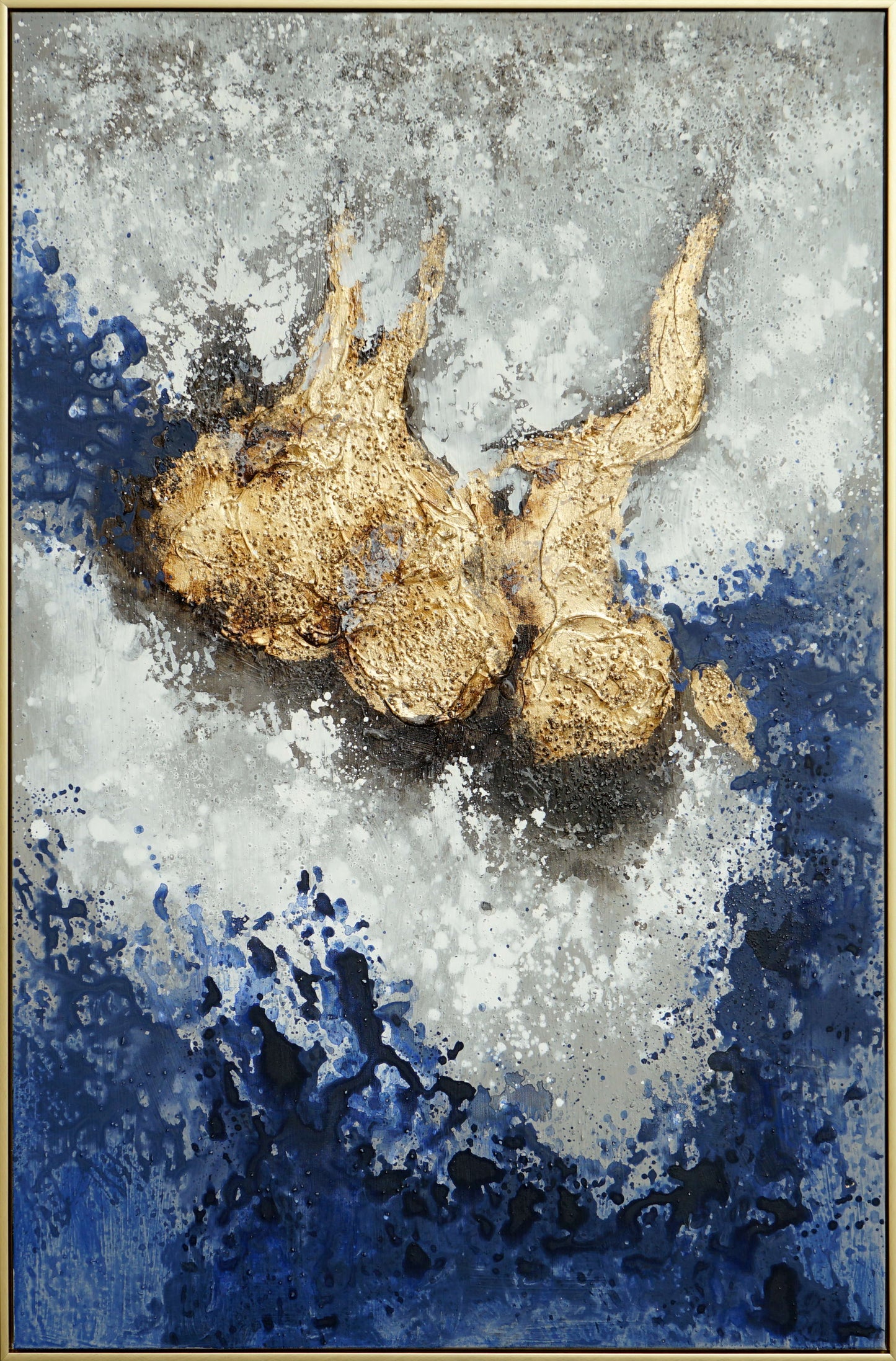 Hand Painted Textured Canvas With Foil In Frame Deepness In Gold - Blue