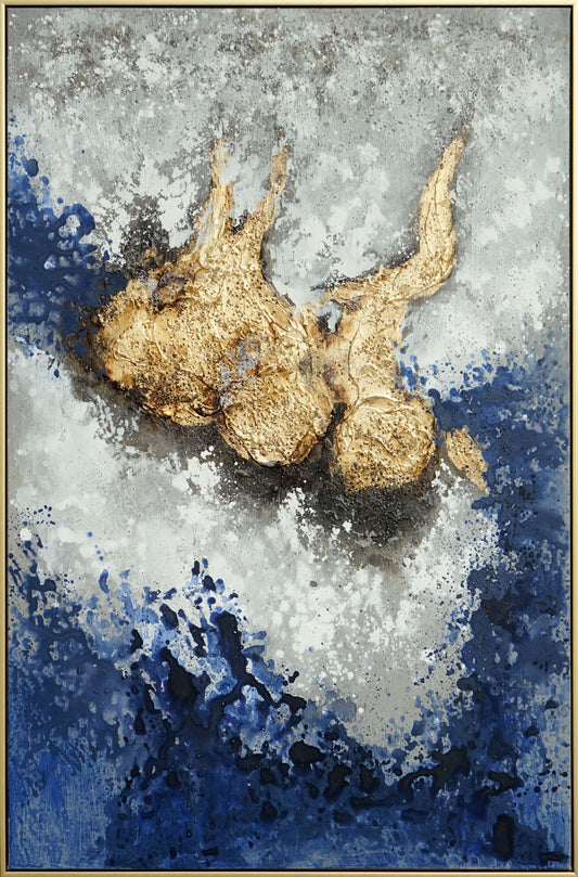 Hand Painted Textured Canvas With Foil In Frame Deepness In Gold - Blue