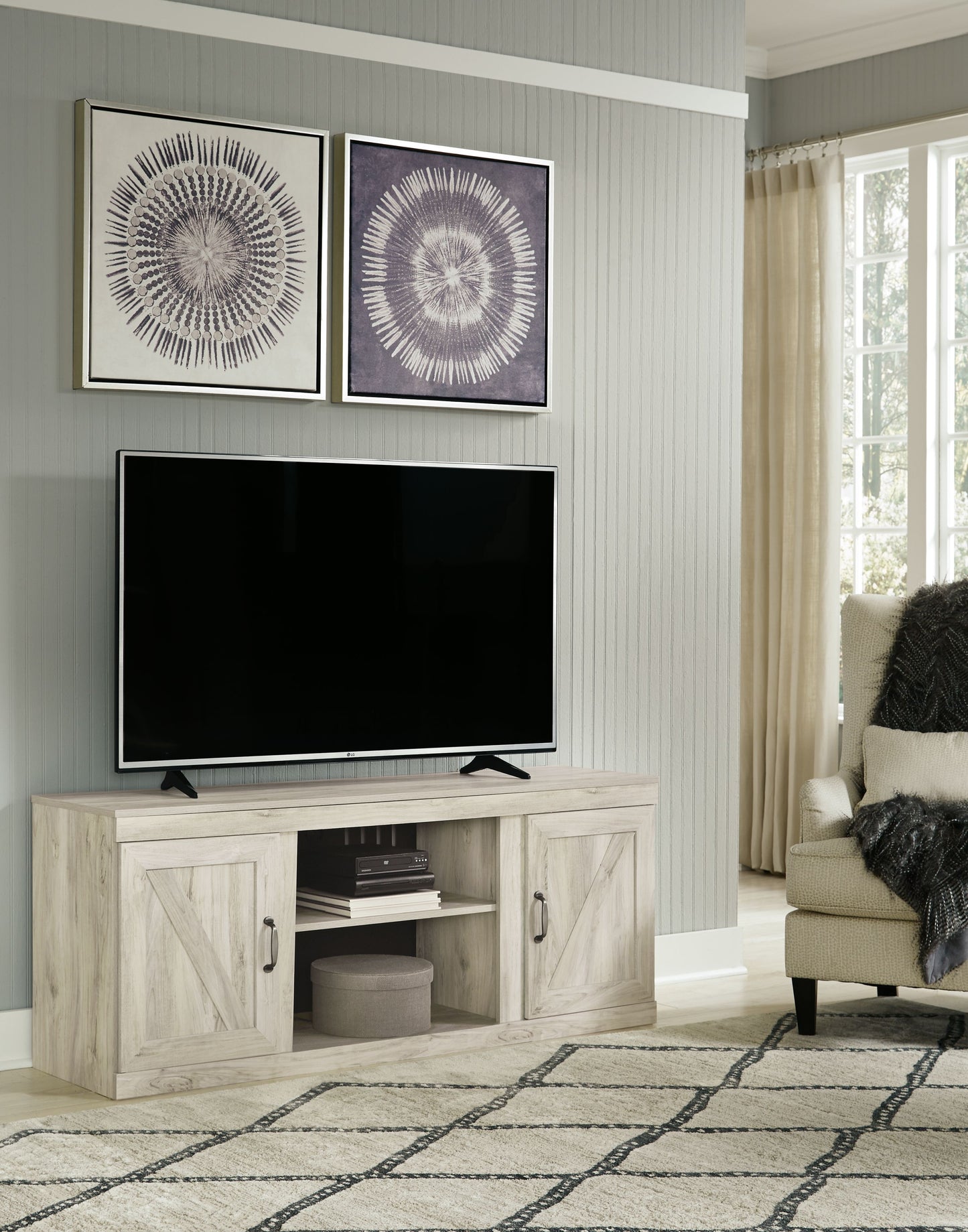 Bellaby - TV Stand With Faux Firebrick Fireplace Insert - Whitewash