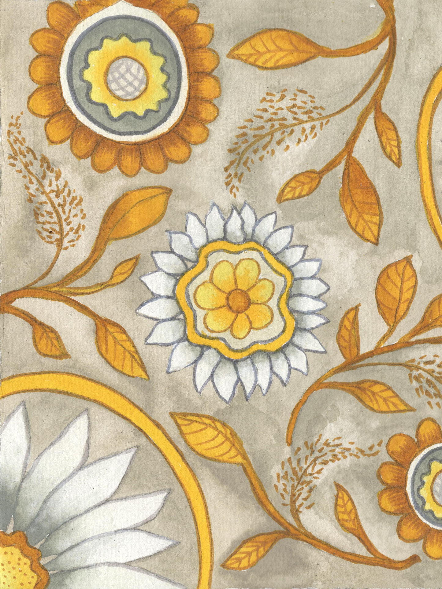 Framed - Flowers On Grey I By Elizabeth Medley - Yellow