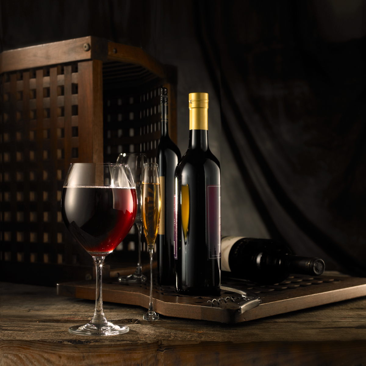 Framed - Wine Glasses & Bottle - Dark Brown