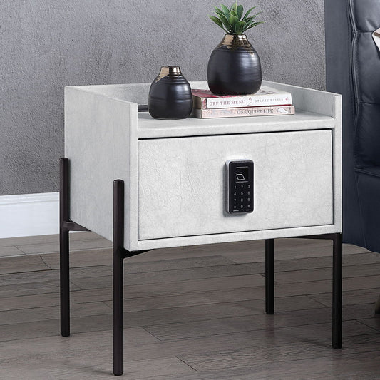 Metis - Nightstand With USB & Electric Lock - Vintage White Top Grain Leather