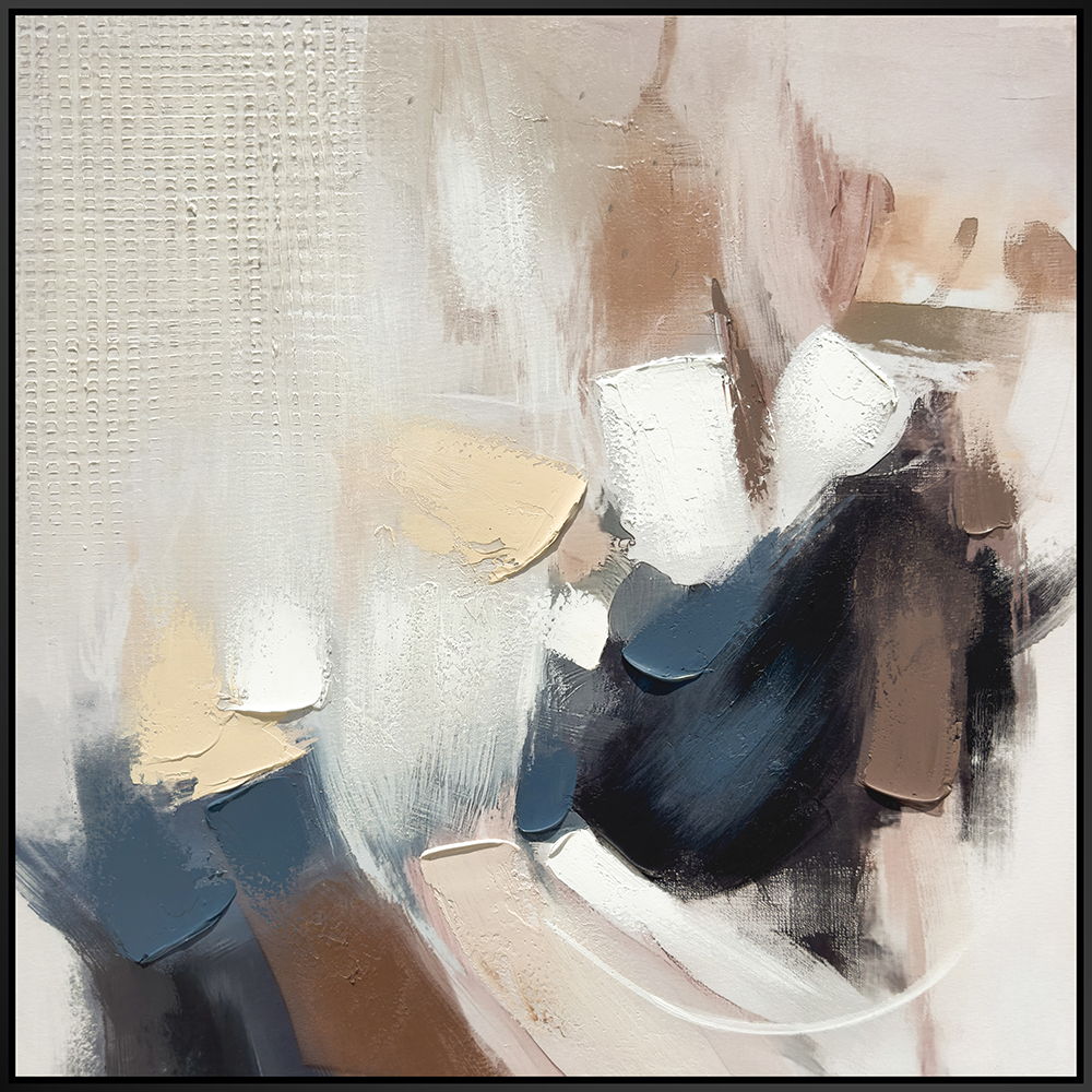 "Abstract Harmony I" Hand-Embellished Canvas In Frame - Brown / Blue / Beige / White / Black