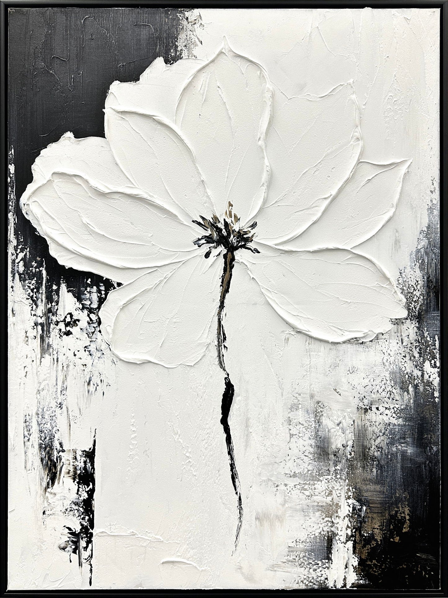 "Monochrome Blossom" Hand-Painted Canvas In Frame - Black / White