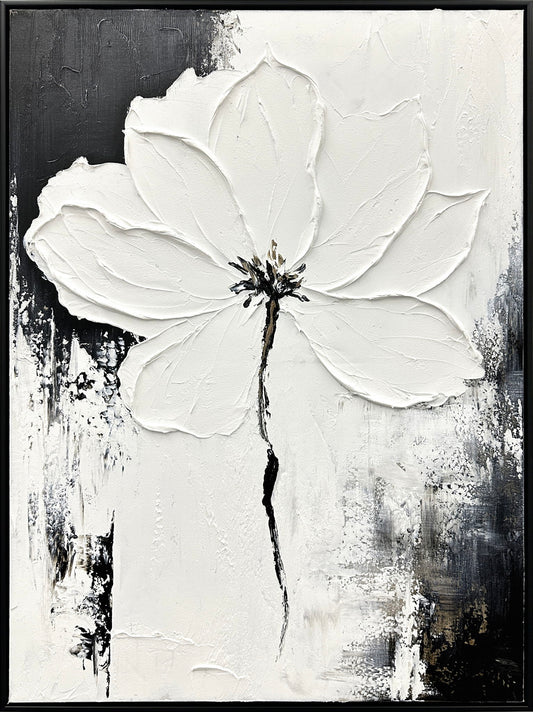 "Monochrome Blossom" Hand-Painted Canvas In Frame - Black / White