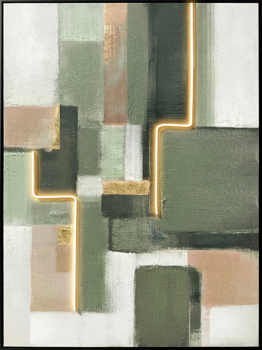 Luminous Grid I Hand-Embellished LED Canvas In Frame - Sage / Ivory