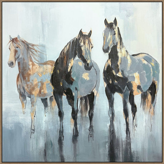 "Equine Grace II" Hand-Painted Canvas In Frame - Gray / Brown / Blue