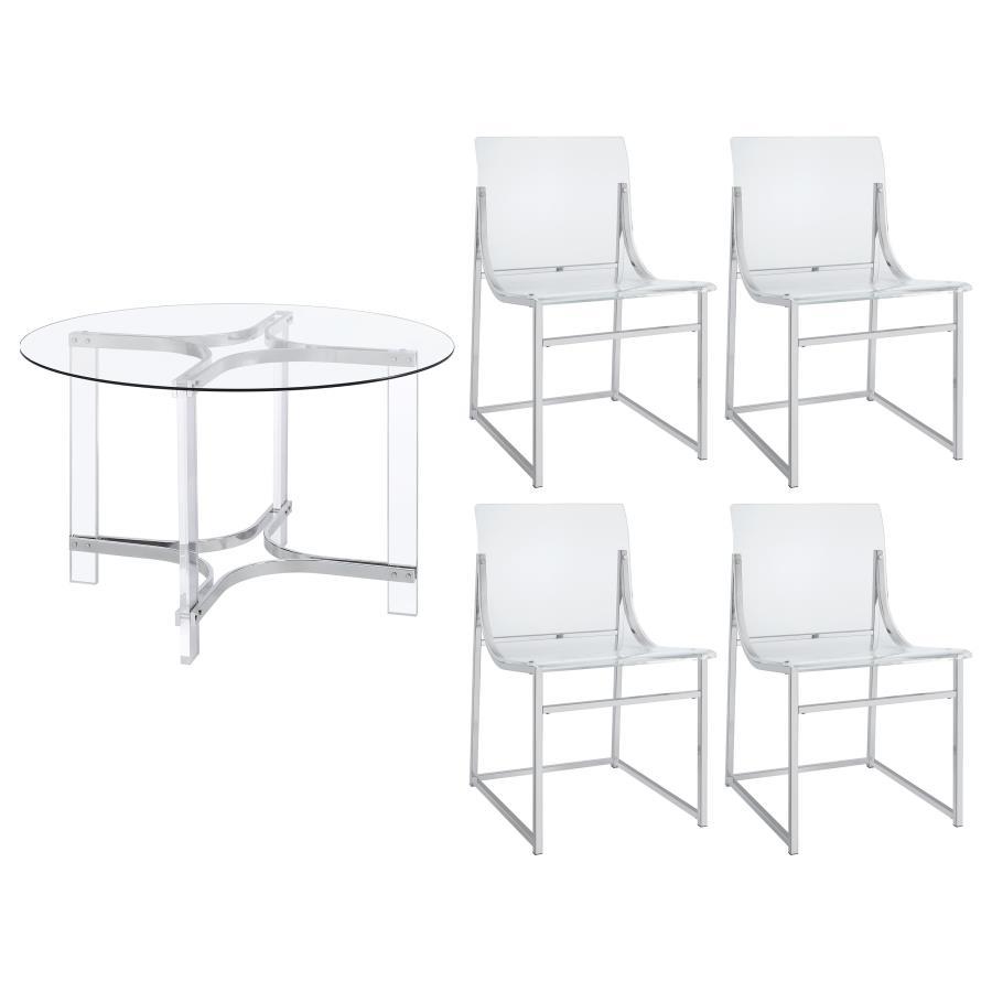 Keeling - 5 Piece Round Glass Top Acrylic Dining Set - Chrome