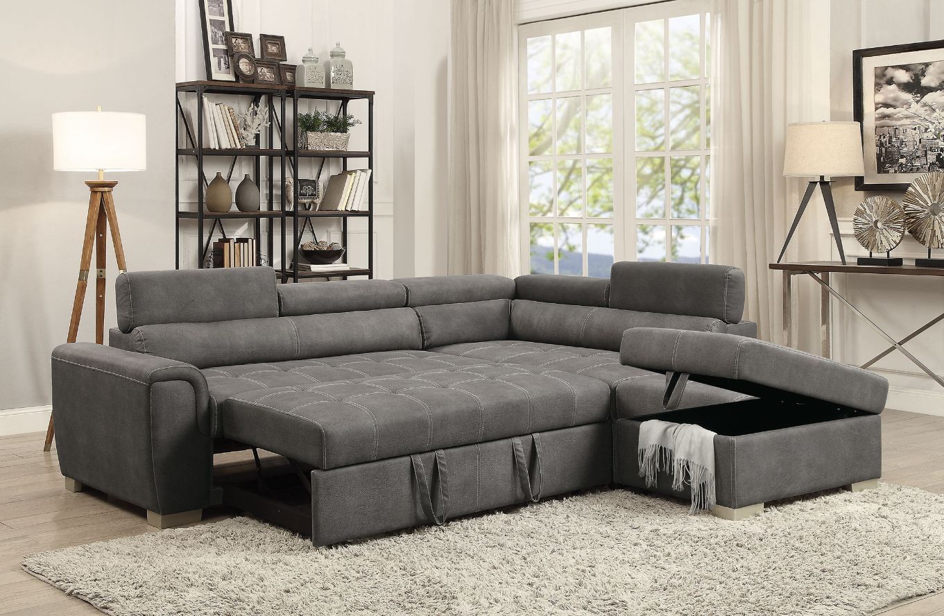 Thelma - Sectional Sofa With Pull-Out Bed - Gray Polished Microfiber