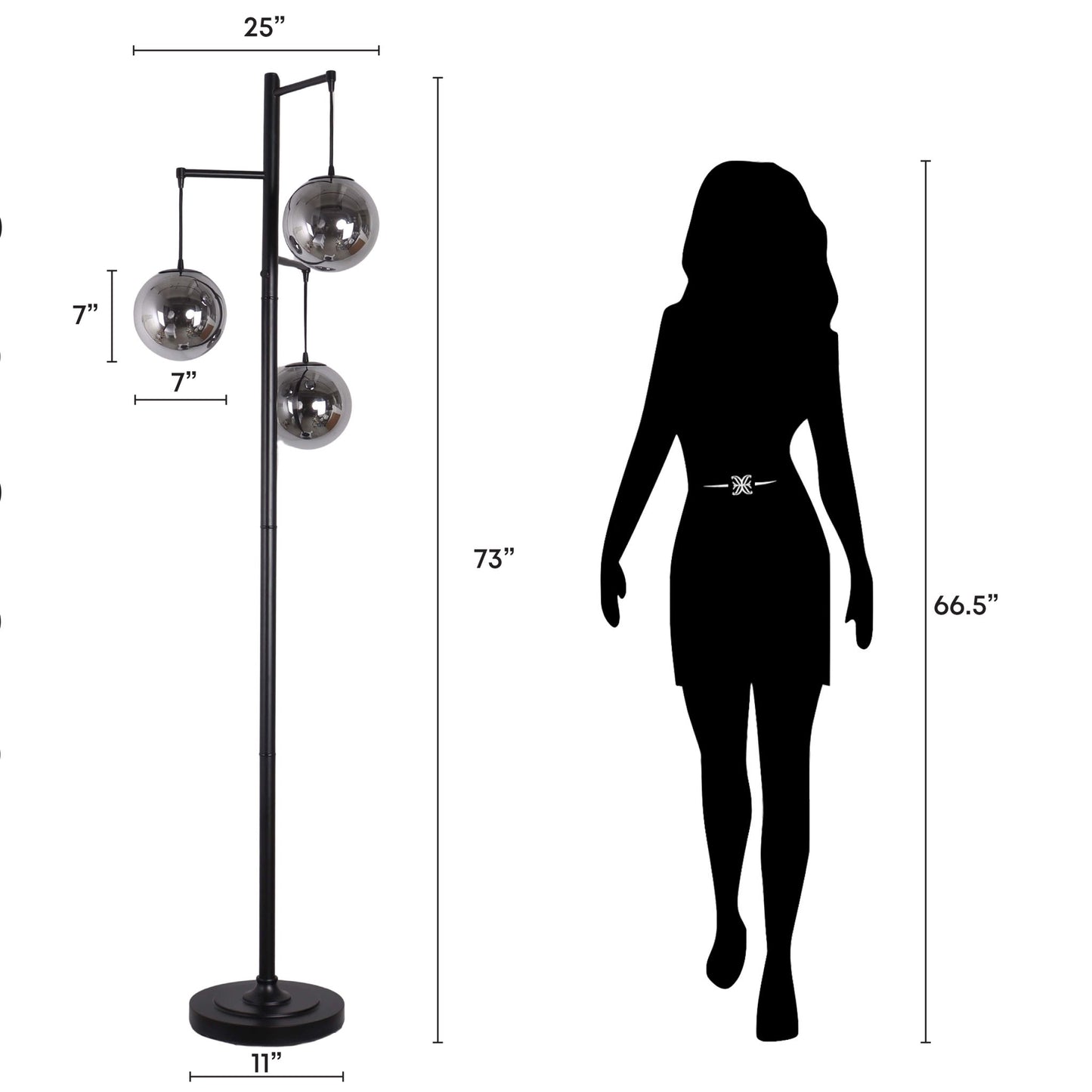 "Globe Cascade" Metal Floor Lamp With Glass Globes - Polished Chrome / Smoked Glass