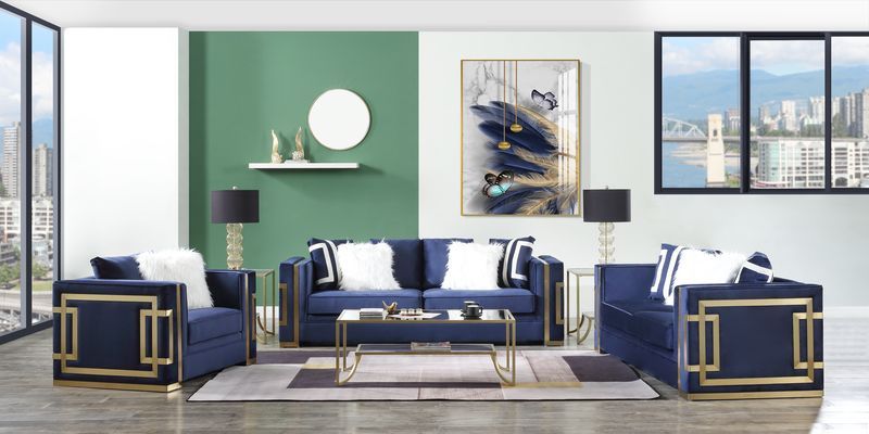 Virrux - Loveseat With 4 Pillows - Blue Velvet & Gold