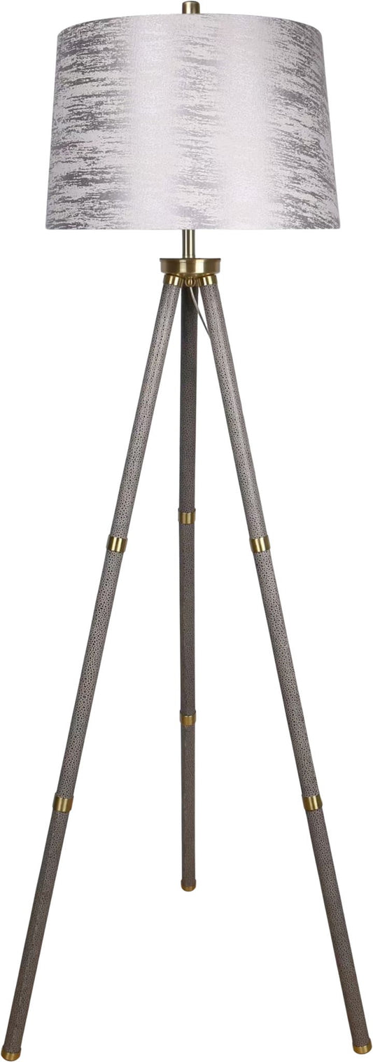 "Luxe Tripod Elegance" Faux Leather Wrap Floor Lamp - Greige / Soft Gold