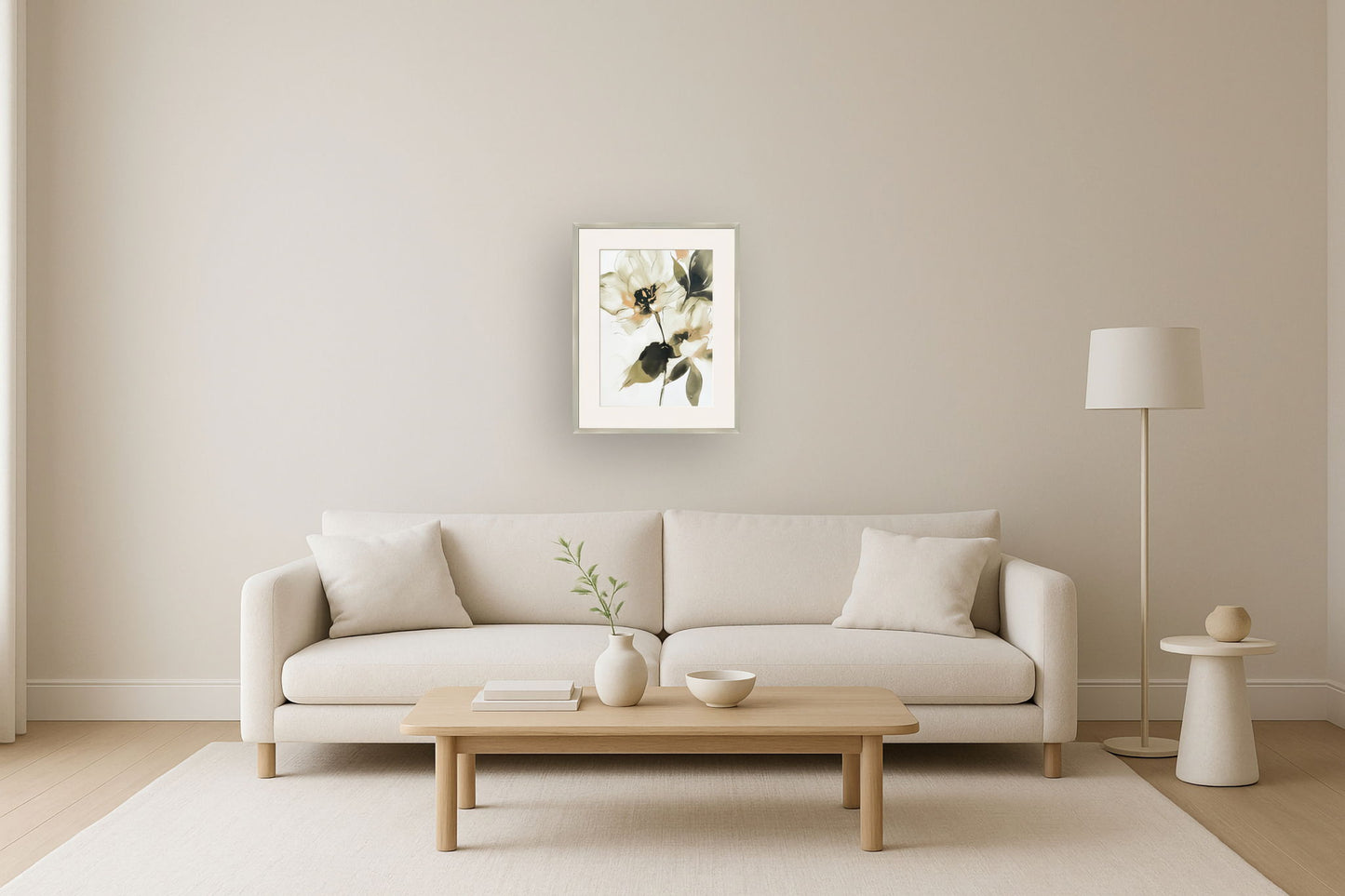 "Whispering Petals I" Framed Canvas Under Acrylic - Beige / Cream / Olive