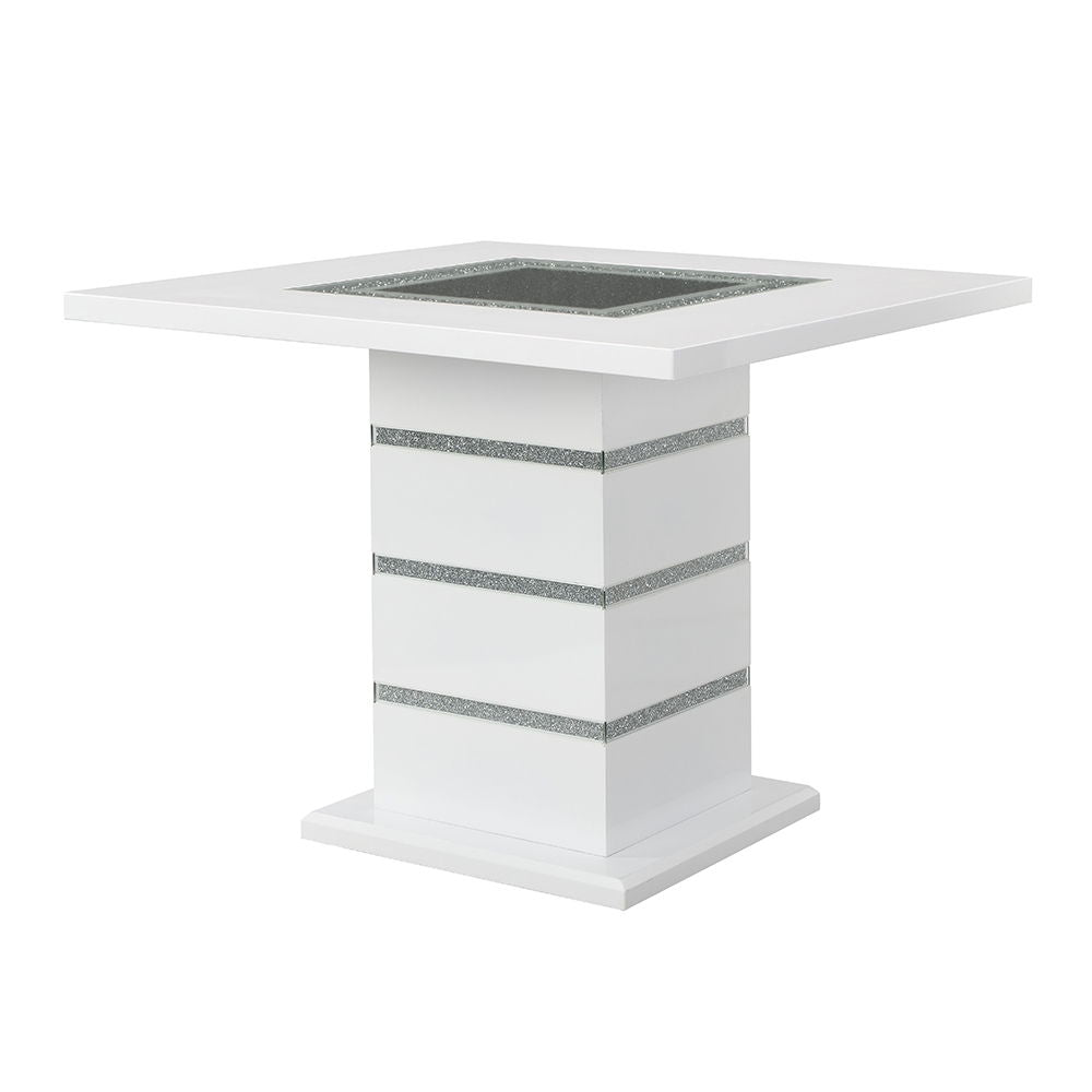 Elizaveta - Counter Height Table With Pedestal Base - Faux Crystal Diamonds & White High Gloss