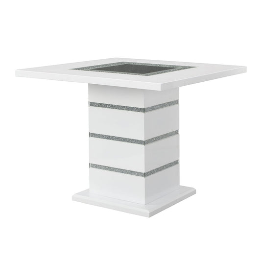 Elizaveta - Counter Height Table With Pedestal Base - Faux Crystal Diamonds & White High Gloss