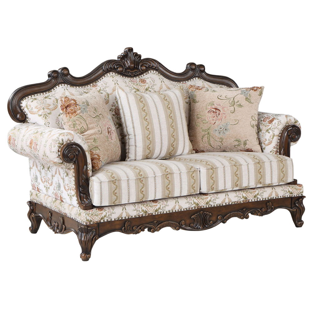 Nayla - Loveseat With 3 Pillows - Pattern Fabric & Cherry