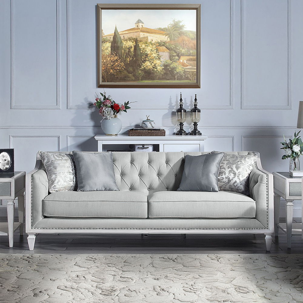 Katia - Sofa With 4 Pillows - Light Gray Linen & Weathered White