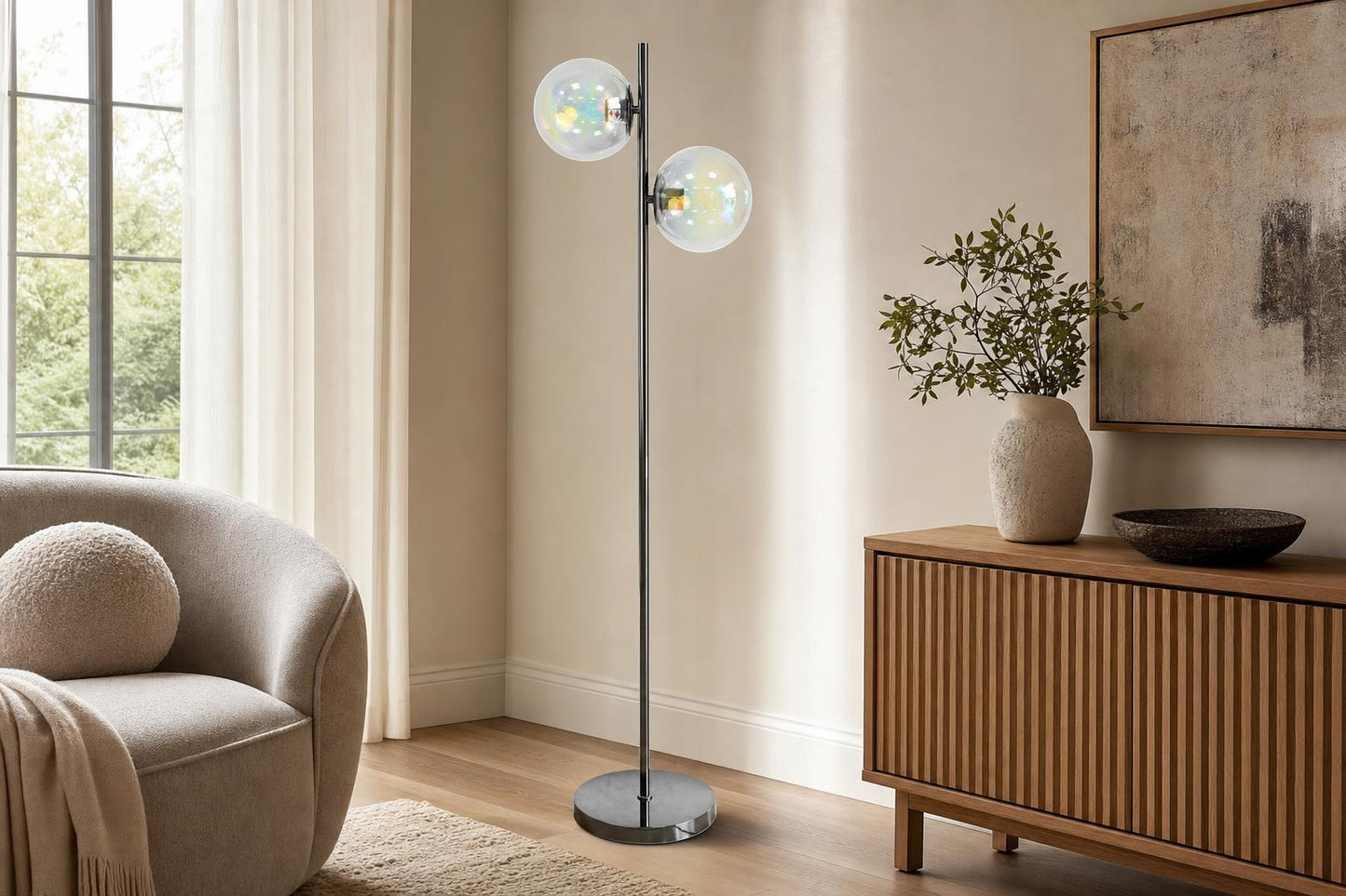 "Celestial Radiance" Metal Floor Lamp With Iridescent Glass Globes - Gun Metal Iridescent Glass