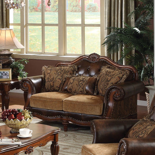 Dreena - Loveseat With 3 Pillows - Two Tone Brown Synthetic Leather & Chenille Cherry