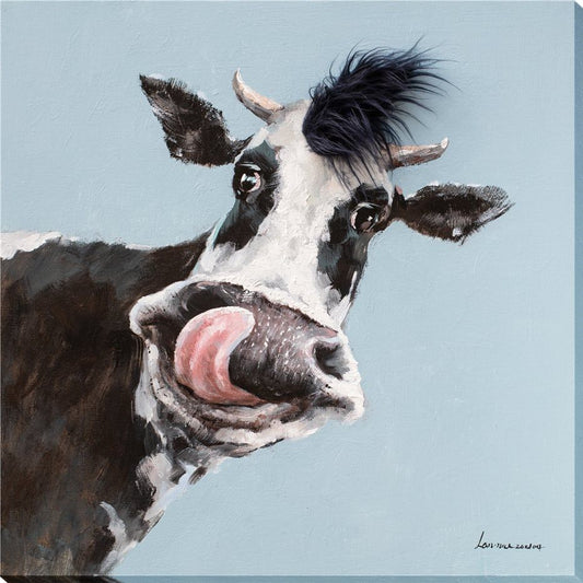 Curious Cow Hand-Embellished Wrapped Canvas With Fabric - Black / Blue