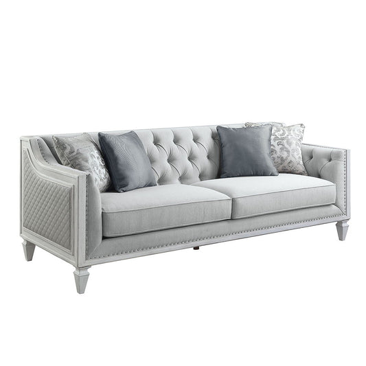 Katia - Sofa With 4 Pillows - Light Gray Linen & Weathered White