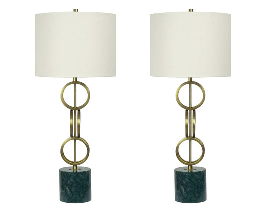 "Marble Harmony" Metal Table Lamp On Marble Base (Set of 2) - Green Marble / Matte Golden Bronze