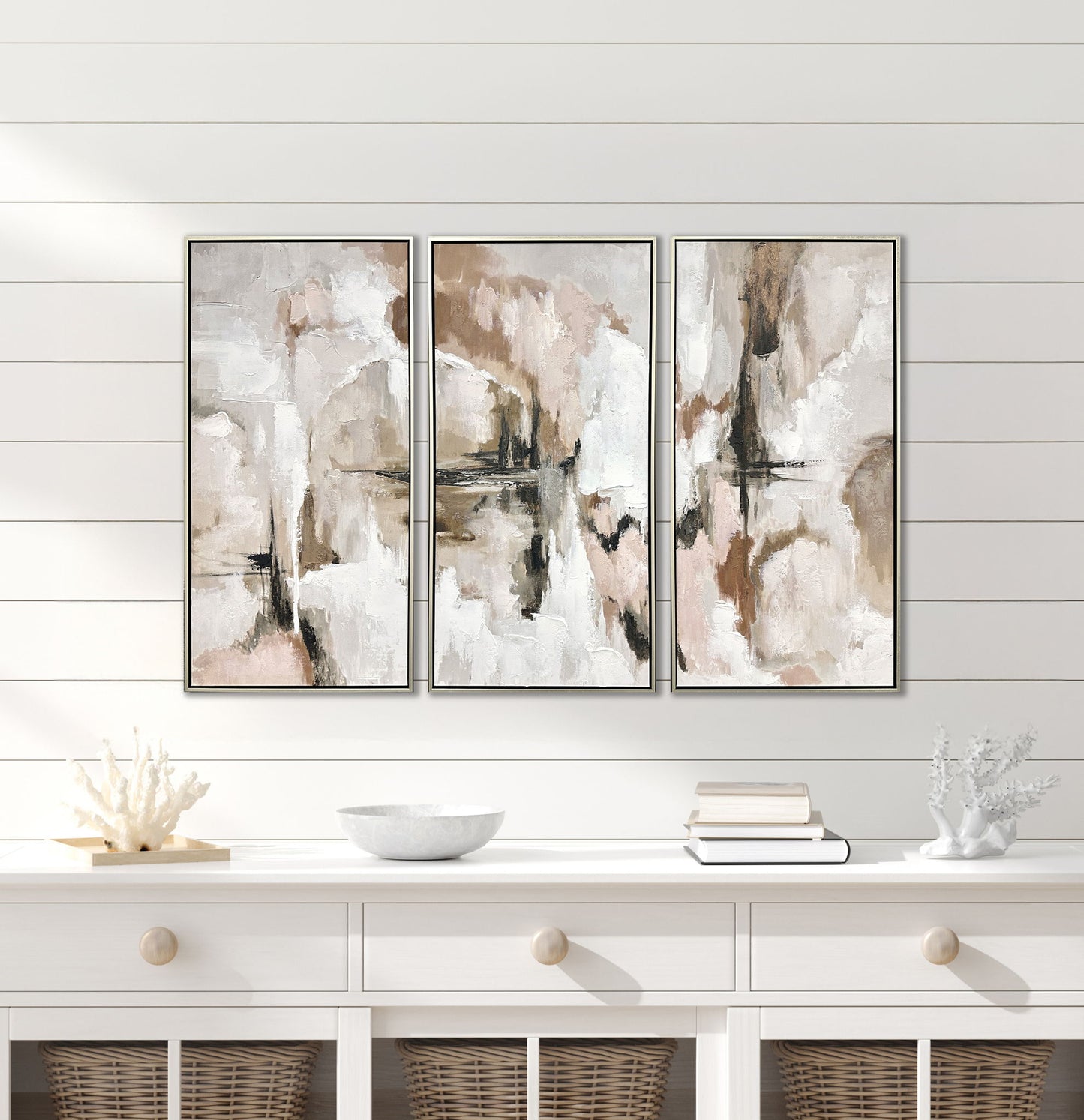 "Ethereal Reflections" Hand-Embellished Canvas Triptych In Frame - Neutral