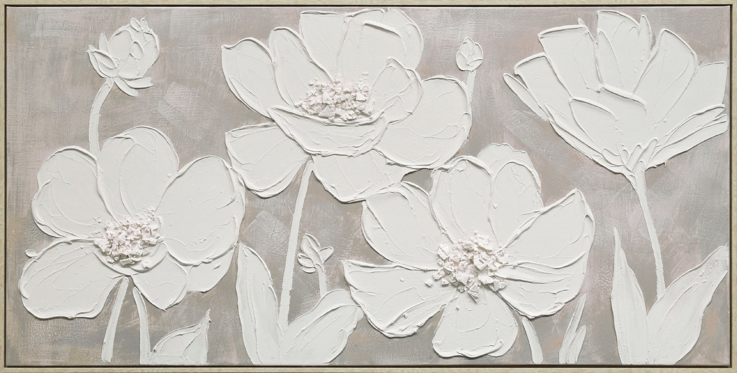 "Textured Blossoms" Hand-Painted Canvas In Frame - White / Gray