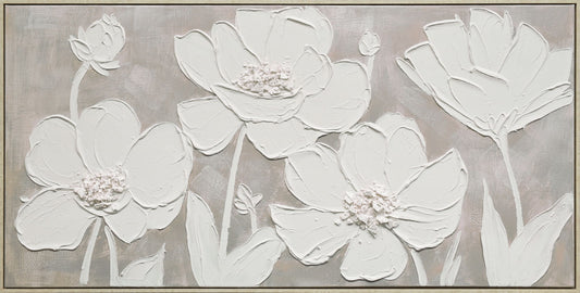 "Textured Blossoms" Hand-Painted Canvas In Frame - White / Gray