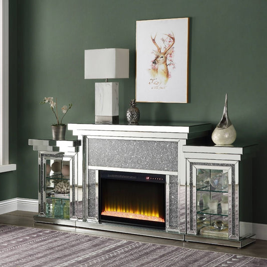 Noralie - Fireplace With LED - Mirrored & Faux Diamonds