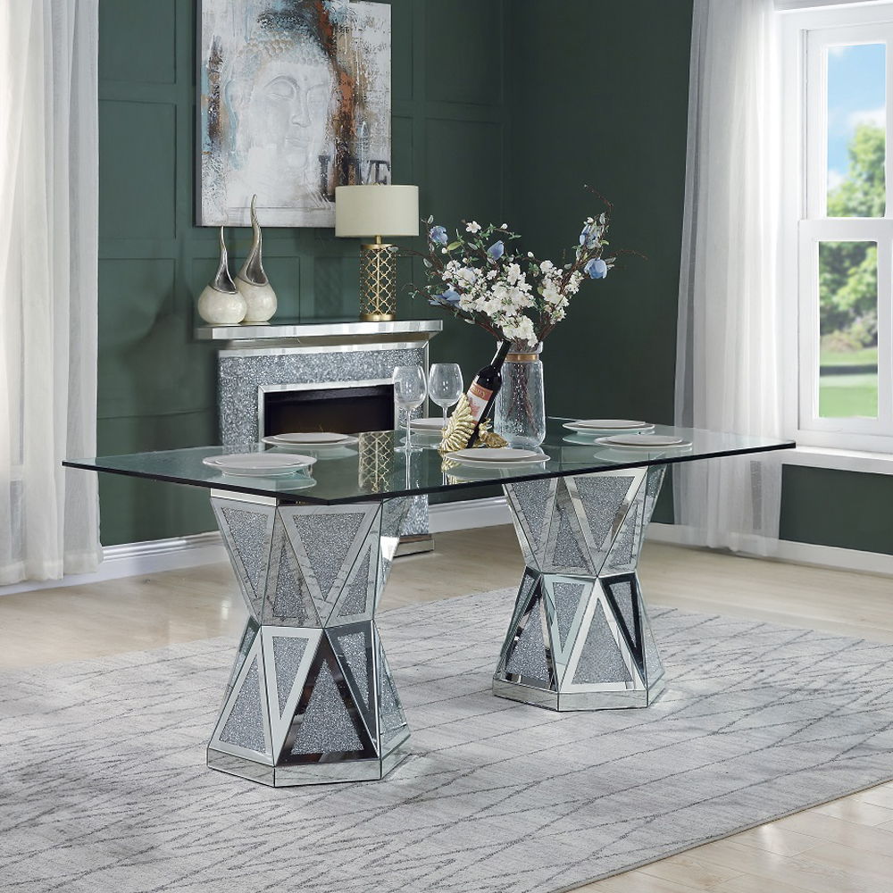 Noralie - 71" X 39" Dining Table - Mirrored & Faux Diamonds