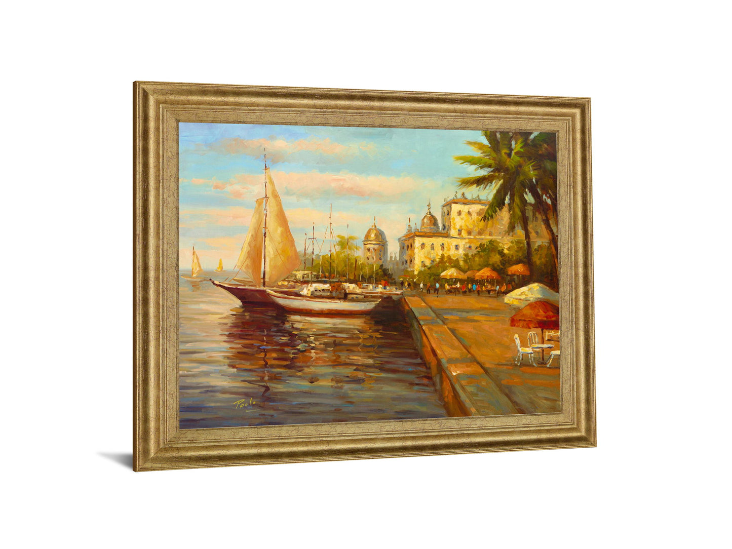 Sunlit Marina Promenade - 28" x 34" Framed Wall Art - Beige