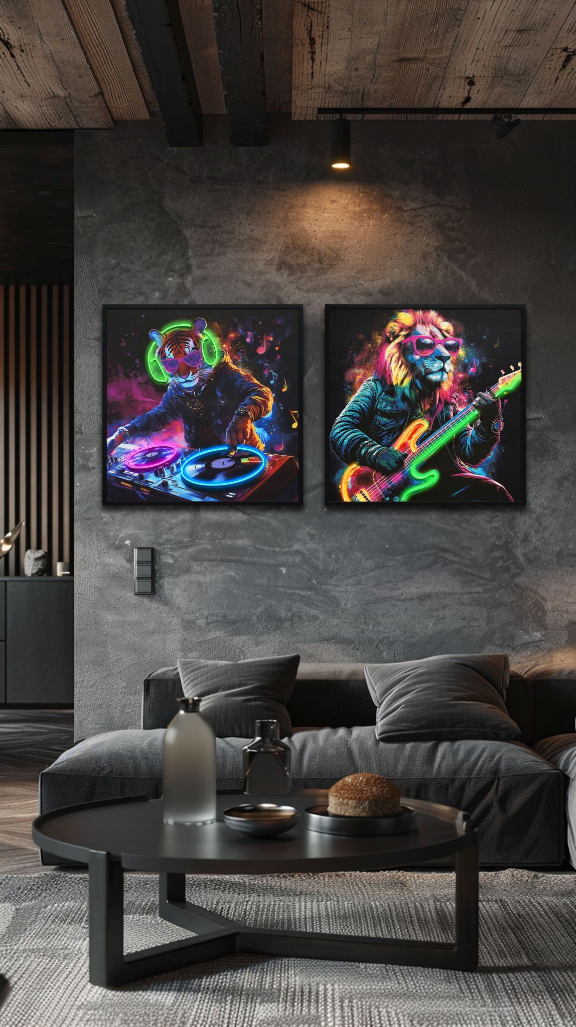 "Neon Groove I" Hand-Embellished LED In Frame - Neon / Black