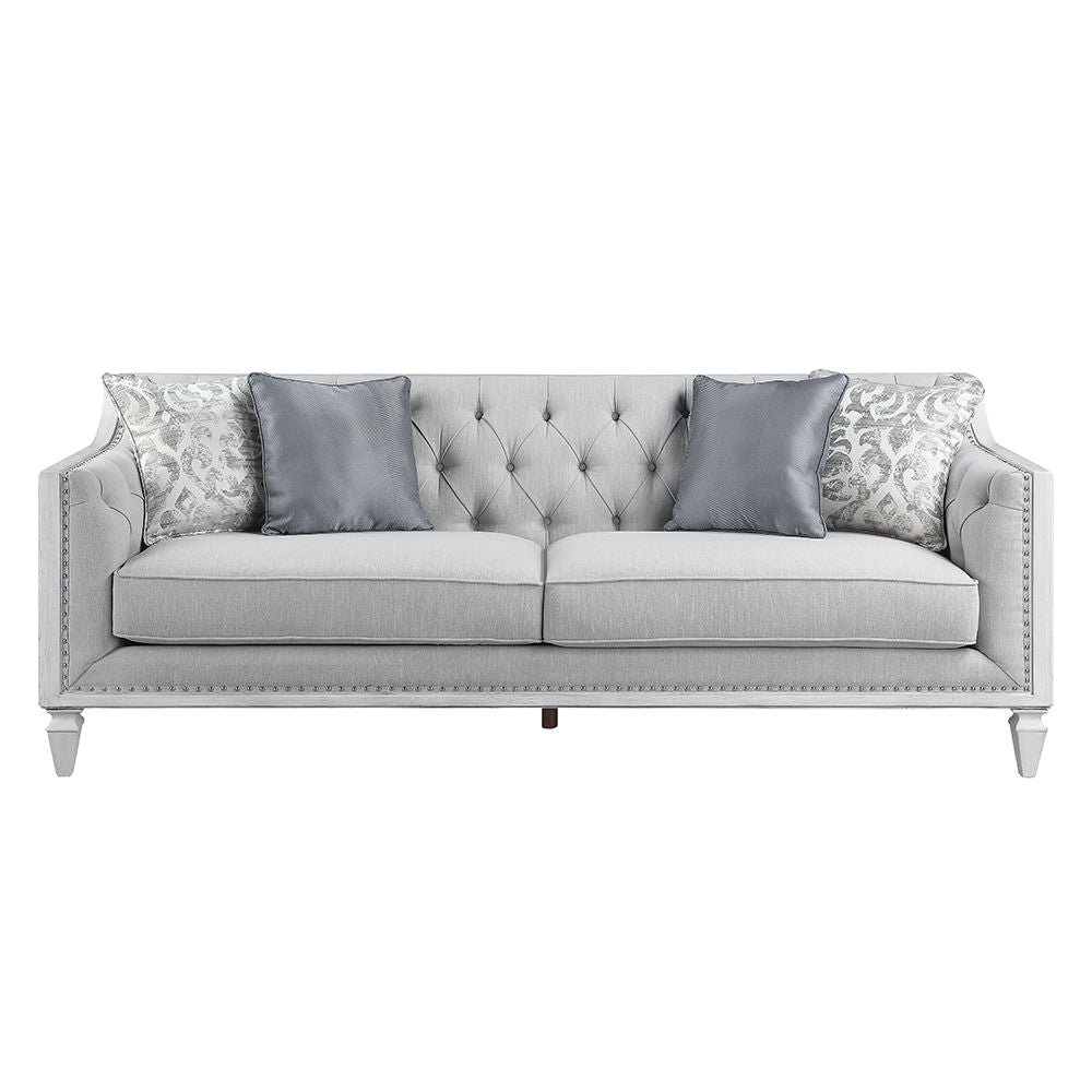 Katia - Sofa With 4 Pillows - Light Gray Linen & Weathered White