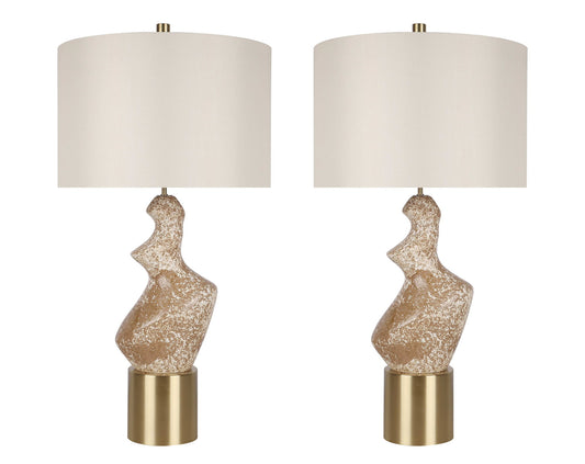 "Sculptural Serenity" Ceramic Table Lamp (Set of 2) - Stone / Soft Gold