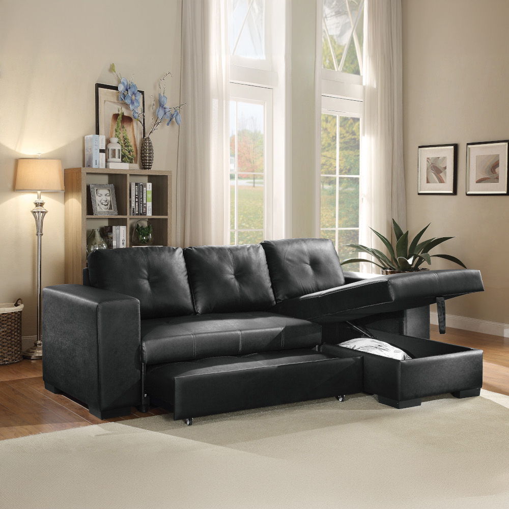 Lloyd - Reversible Sectional Sofa With Sleeper & Storage - Black Synthetic Leather
